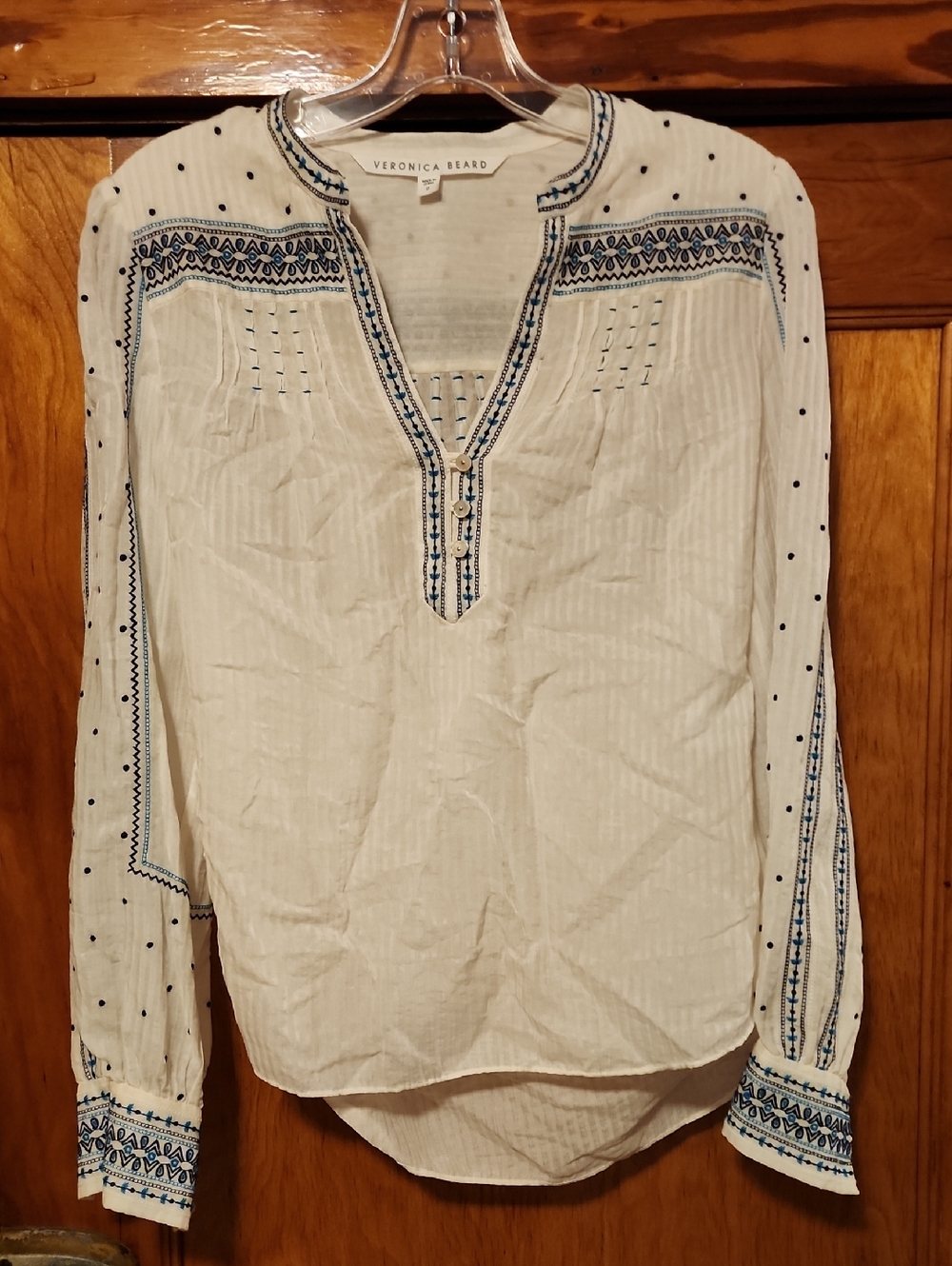 Veronica Beard Carta Silk Blend White Blouse with Blue Embroidery Size 0